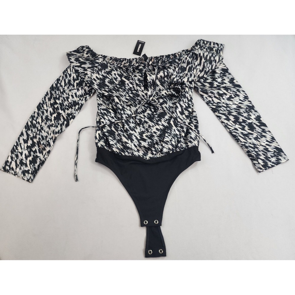 Express Blouse Bodysuit Womens XS Black Metallic Off Shoulder Long Sleeve NEW